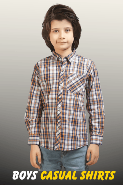 A young boy wearing a long-sleeved navy, orange, and white checkered casual button-down shirt from Nazz Collections.
