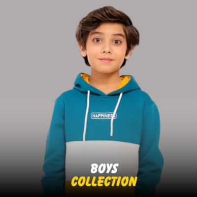 A young boy wearing a teal, white, and yellow color-blocked hoodie with "HAPPINESS" printed on the chest from Nazz Collections.