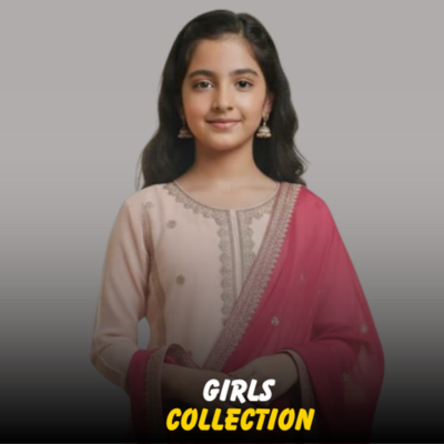 A young girl wearing a peach-colored embroidered kurta with a contrasting pink dupatta from the Nazz Collections Girls Collection.