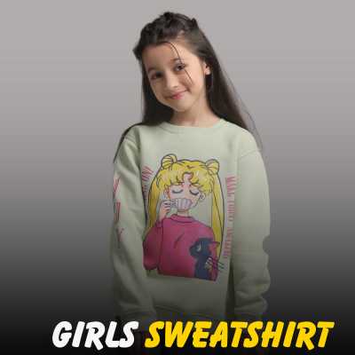A young girl wearing a pale mint green sweatshirt featuring a blonde anime character graphic and pink typography from Nazz Collections.