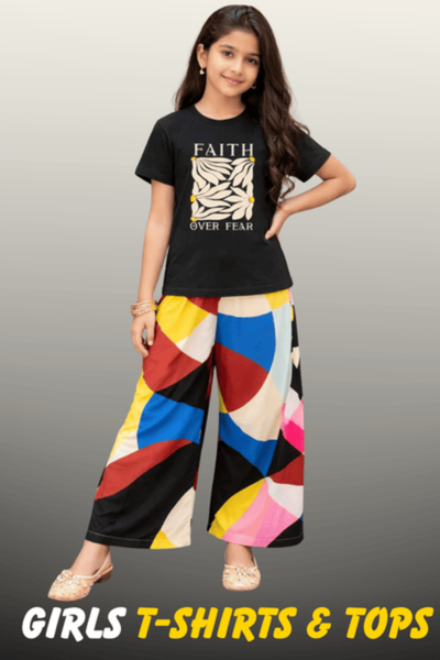 A young girl wearing a black graphic t-shirt with "FAITH OVER FEAR" printed on it, paired with vibrant multi-colored wide-leg trousers from Nazz Collections.