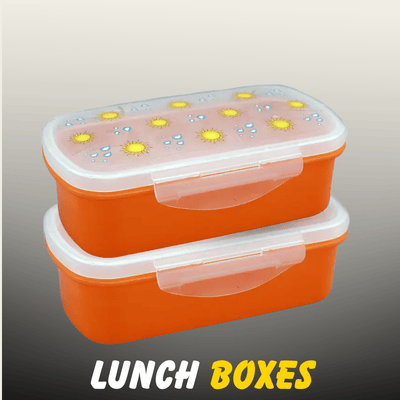 Two stackable orange plastic lunch boxes with transparent lids featuring yellow sun and blue raindrop patterns from Nazz Collections.