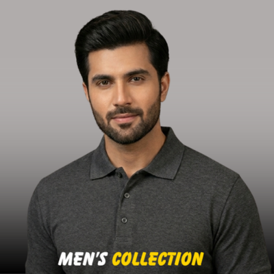 A man wearing a dark charcoal grey textured polo shirt from the Nazz Collections Men’s Collection.