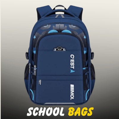 A durable navy blue school backpack with multiple compartments and light blue accents from the Nazz Collections school gear range.
