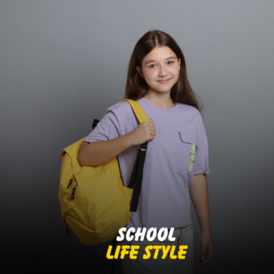 A teenage girl wearing a light purple t-shirt and carrying a bright yellow school backpack from the Nazz Collections School & Lifestyle range.