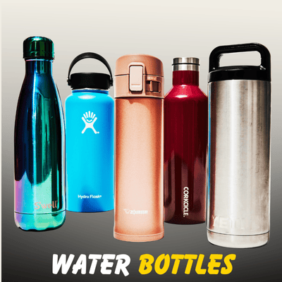 A collection of premium insulated water bottles in various styles and colors, including metallic teal, bright blue, peach, red, and brushed silver from Nazz Collections.