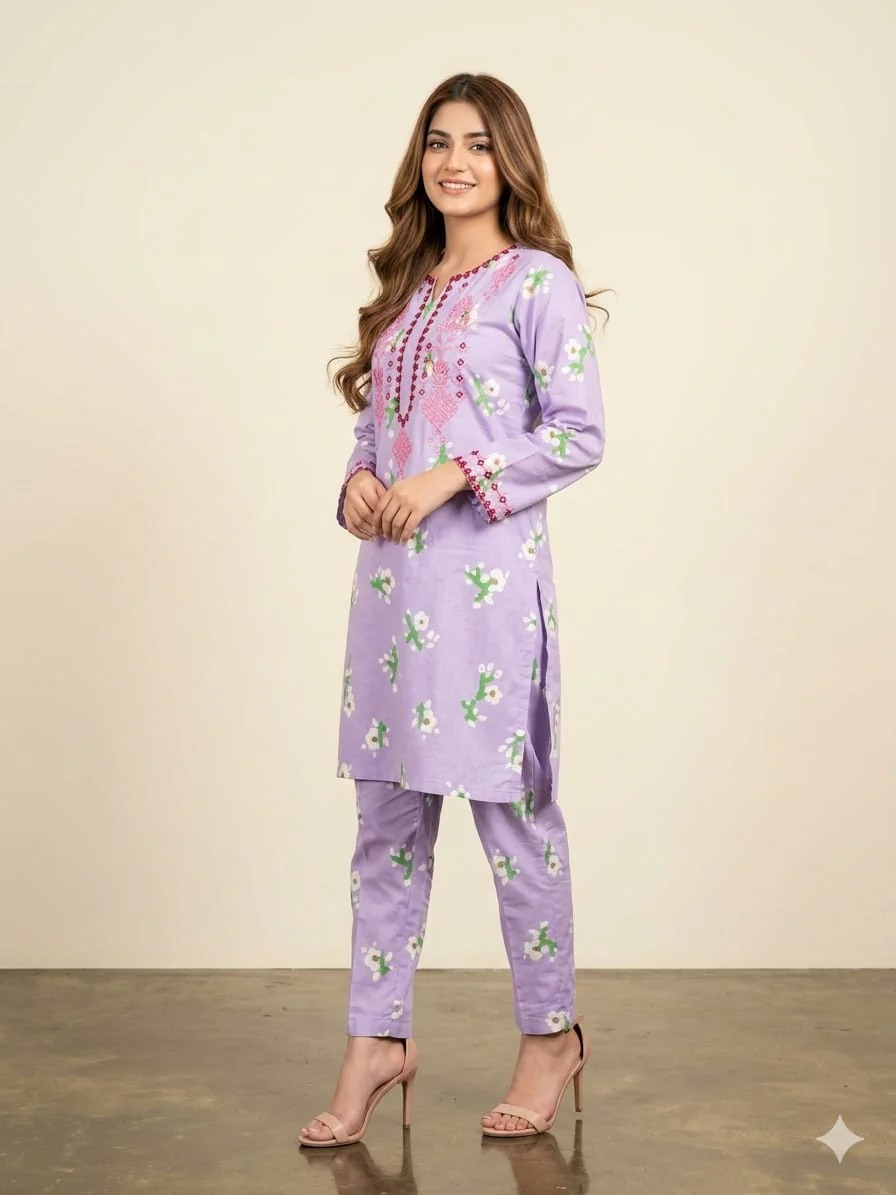 Front Embroidery Light Purple 2 Piece Suit for Women - Image 2