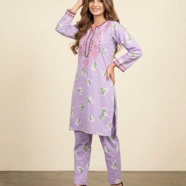 Front Embroidery Light Purple 2 Piece Suit for Women