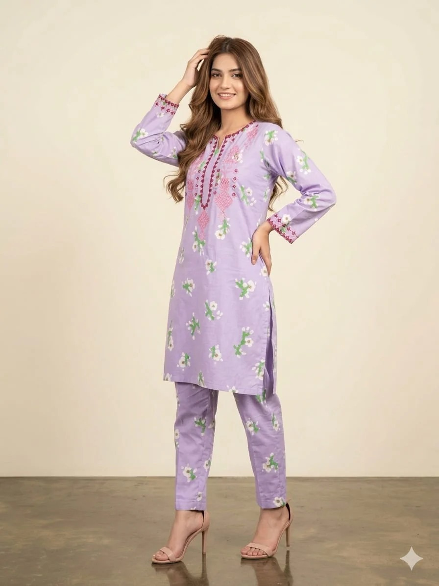 Front Embroidery Light Purple 2 Piece Suit for Women
