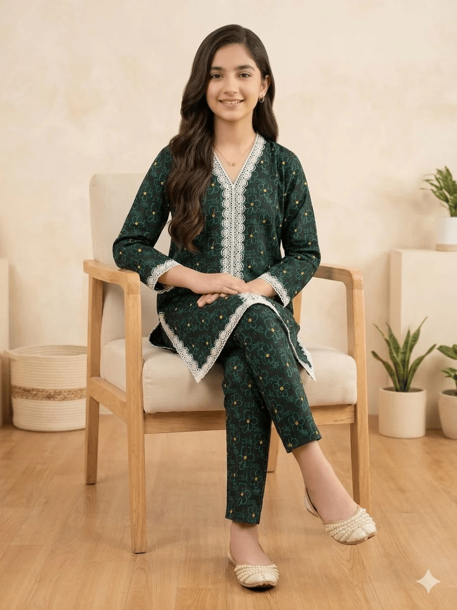 Green Flower 2 Piece Suit for Girls - Image 2