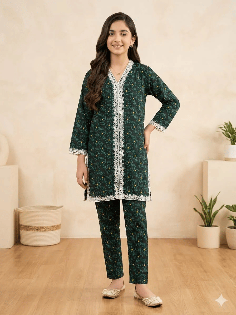 Green Flower 2 Piece Suit for Girls - Image 3