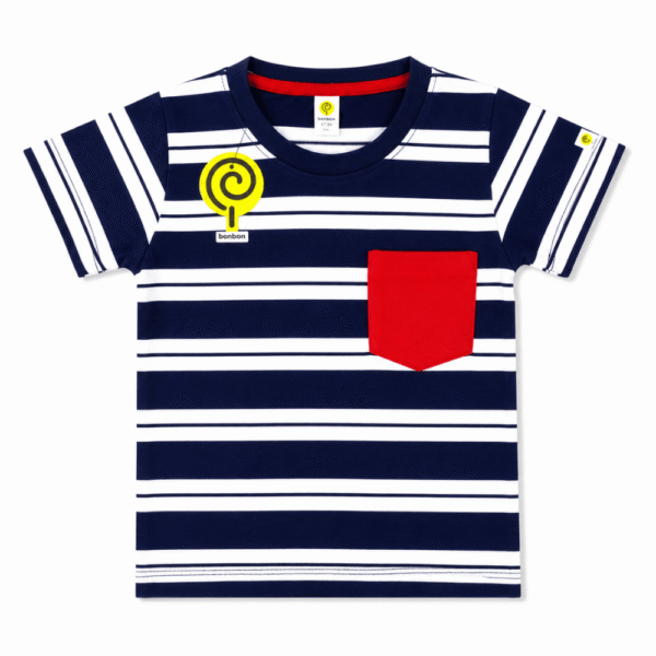 Boys half sleeve striped T-shirt in blue and white with red pocket