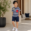 Boy wearing blue striped half sleeve T-shirt with red pocket