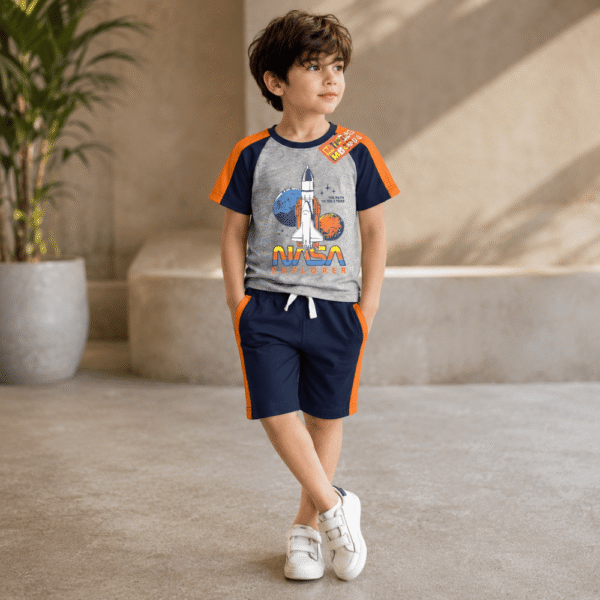 Boy wearing blue and grey nicker shirt set by Nazzcollections.com