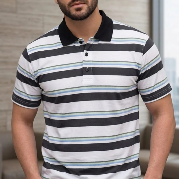 Alternative view of Men's Soft Stripe White Collar Polo T-Shirt