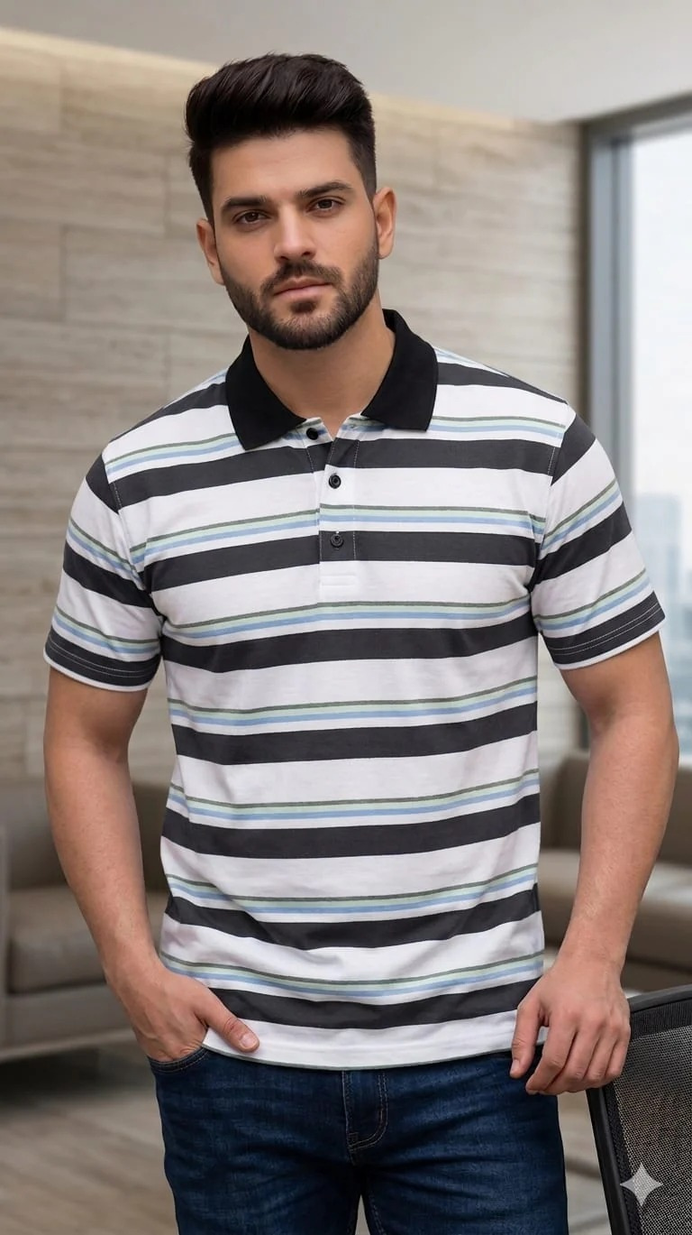 Men's Soft Stripe White Collar Polo T-Shirt