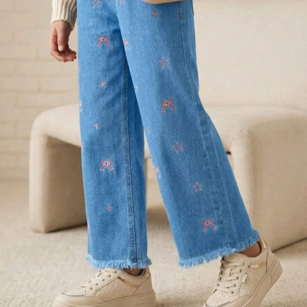 Star & Bow Embroidery Sky Blue Jeans for Girls