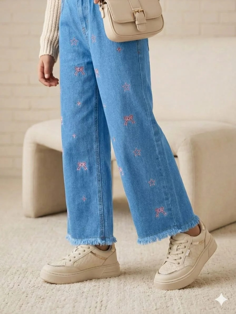 Star & Bow Embroidery Sky Blue Jeans for Girls