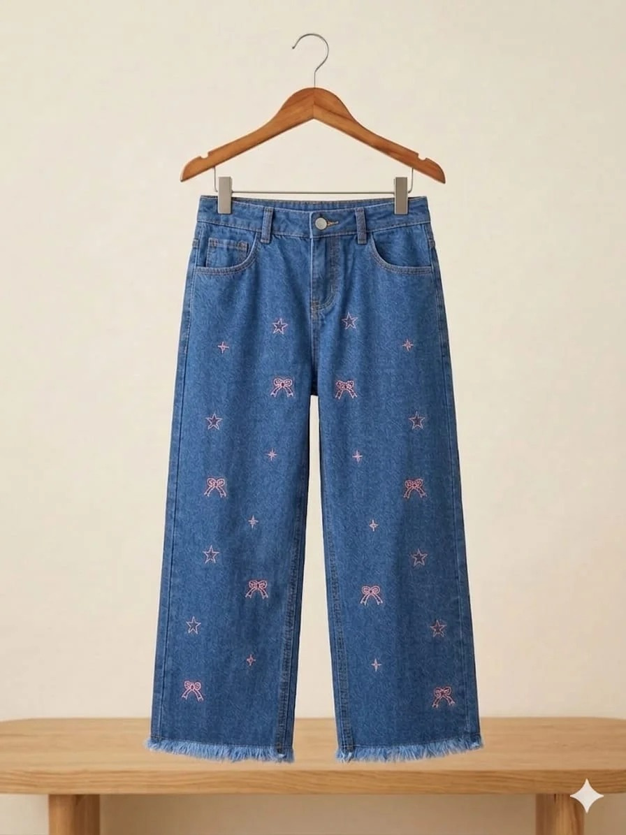 Star & Bow Embroidery Sky Blue Jeans for Girls - Image 2
