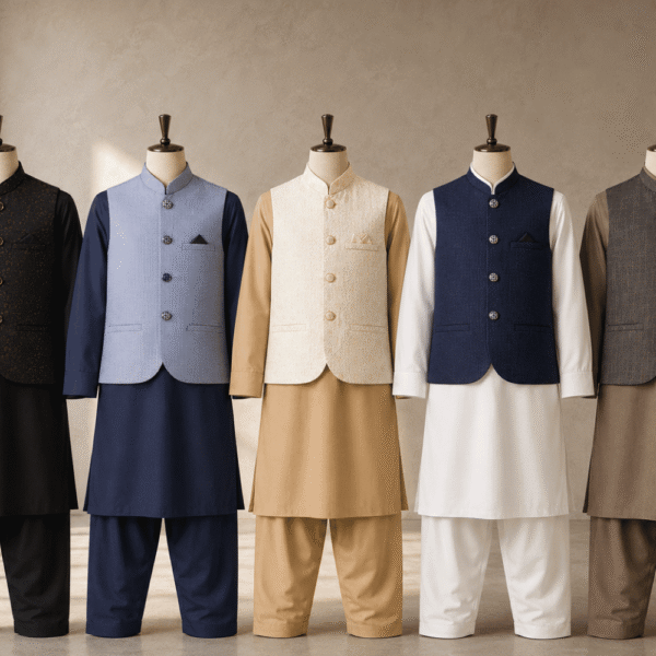 Five mannequins are displayed in a line, each wearing a different shalwar kameez with a waistcoat. The waistcoats are in colors black, light blue, cream, navy blue, and grey.
