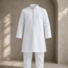 cream kurta trouser set with embroidered collar and placket from Nazzcollections.com