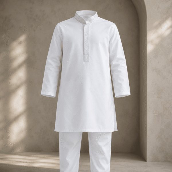 cream kurta trouser set with embroidered collar and placket from Nazzcollections.com