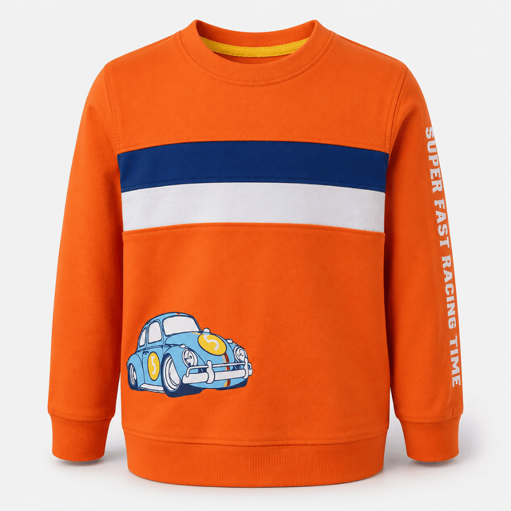 Boys full sleeve car print T-shirt in orange color