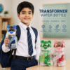 Schoolboy holding blue transformer water bottle